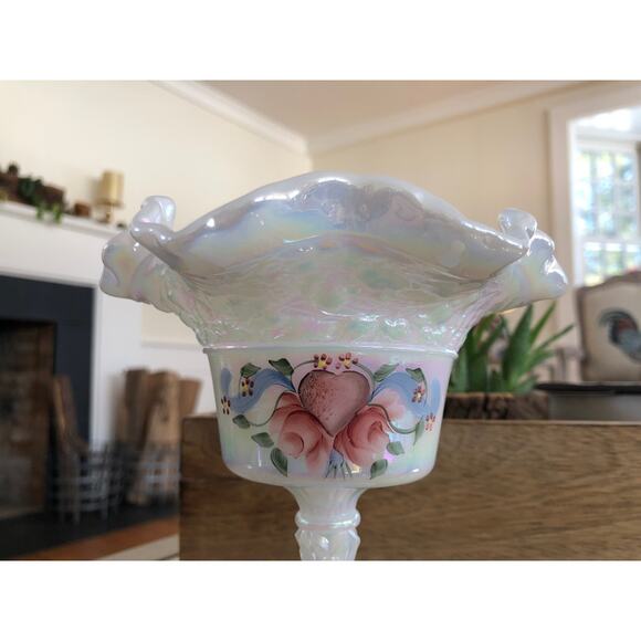 Vintage Fenton Hand Painted Ruffled Pedestal Dish - Picture 5 of 9
